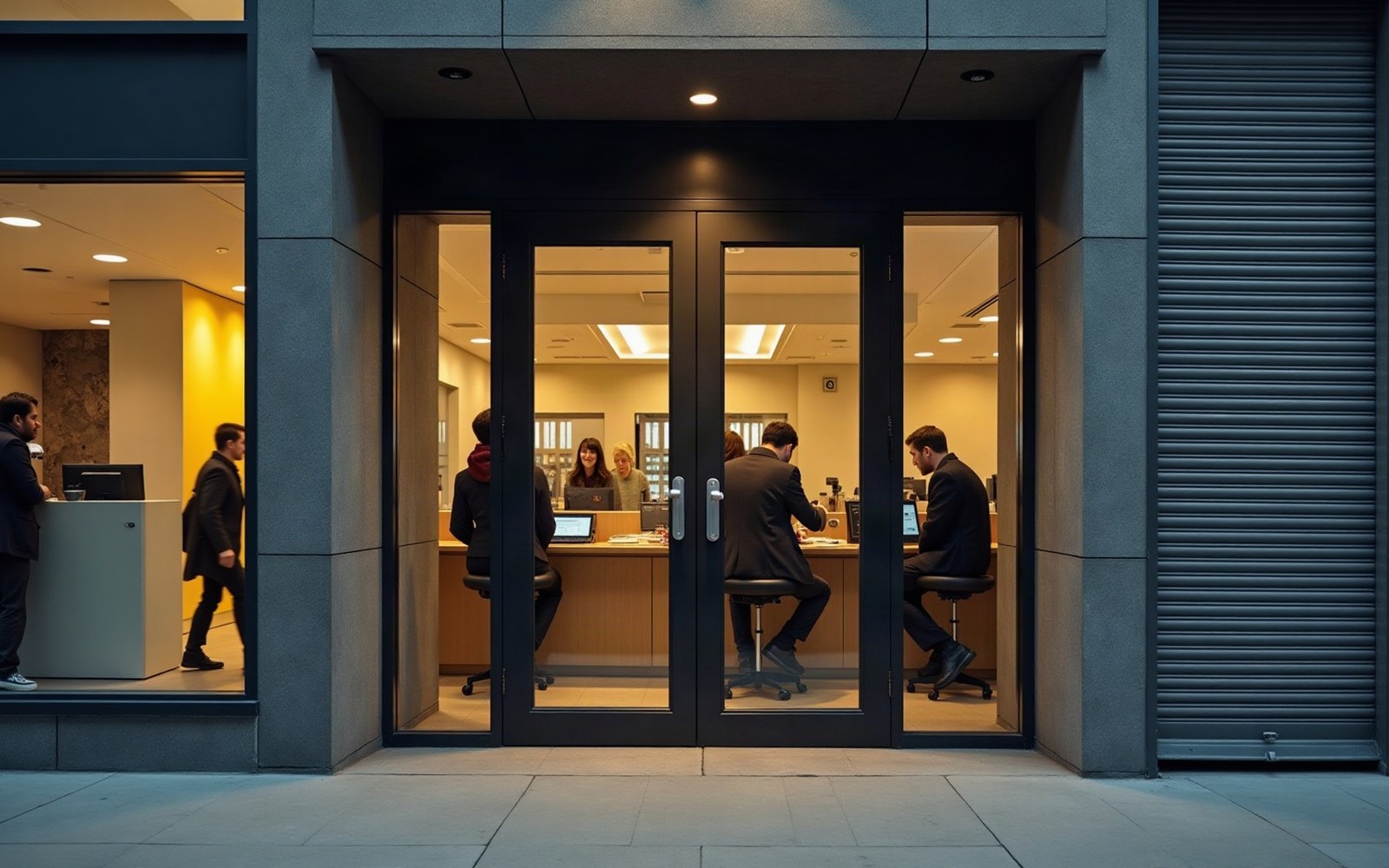 Adults standing outside a bank branch on a weekday morning, phones out, waiting — natural light, no posed subjects