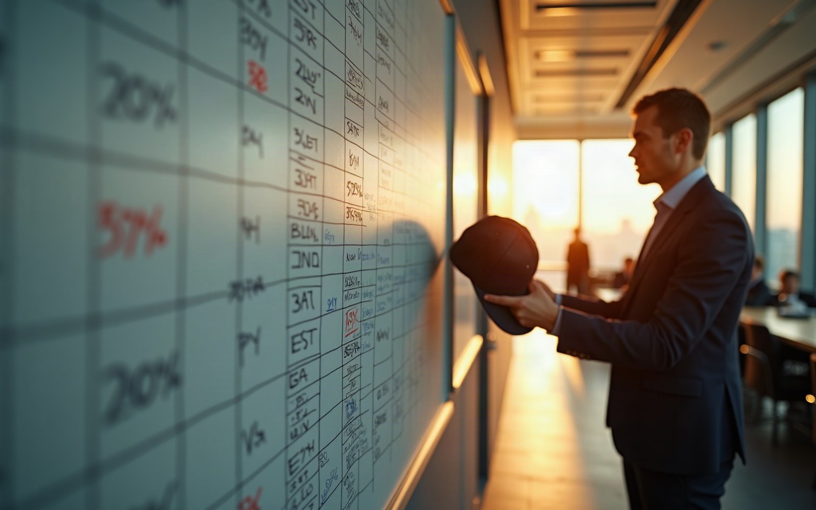 A whiteboard covered in a handwritten cap table — percentage columns, founder rows, round labels — in a plain office