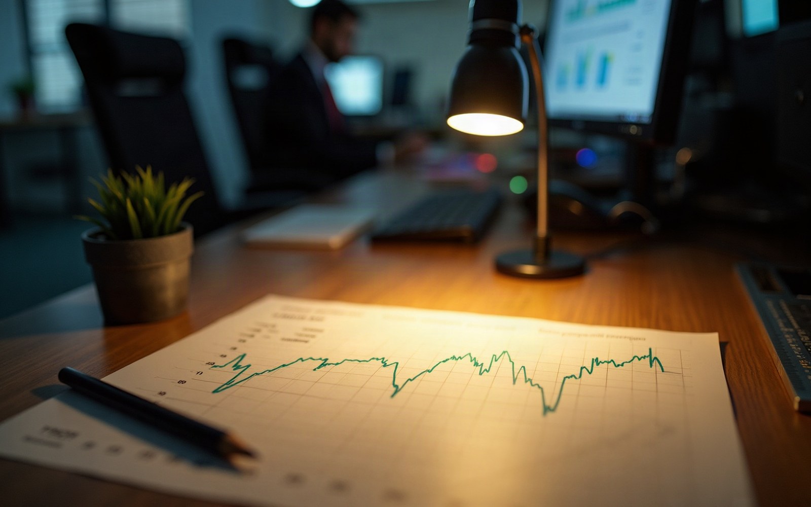 A printed line graph on a desk under a lamp, the curve dipping and rising, ruler and pencil beside it
