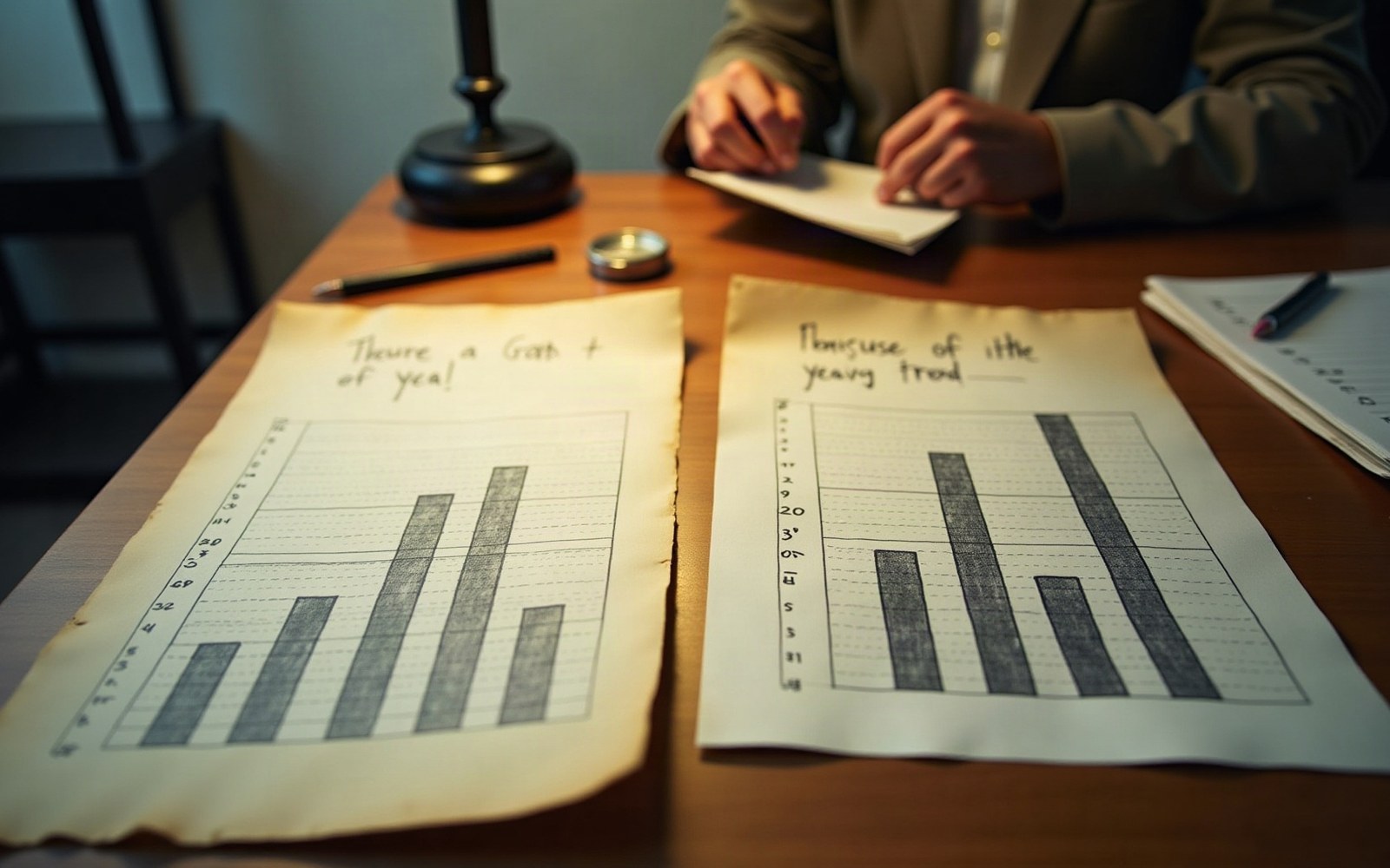 Two stacked bar diagrams drawn on paper side by side on a desk, the second shorter than the first, cold morning light