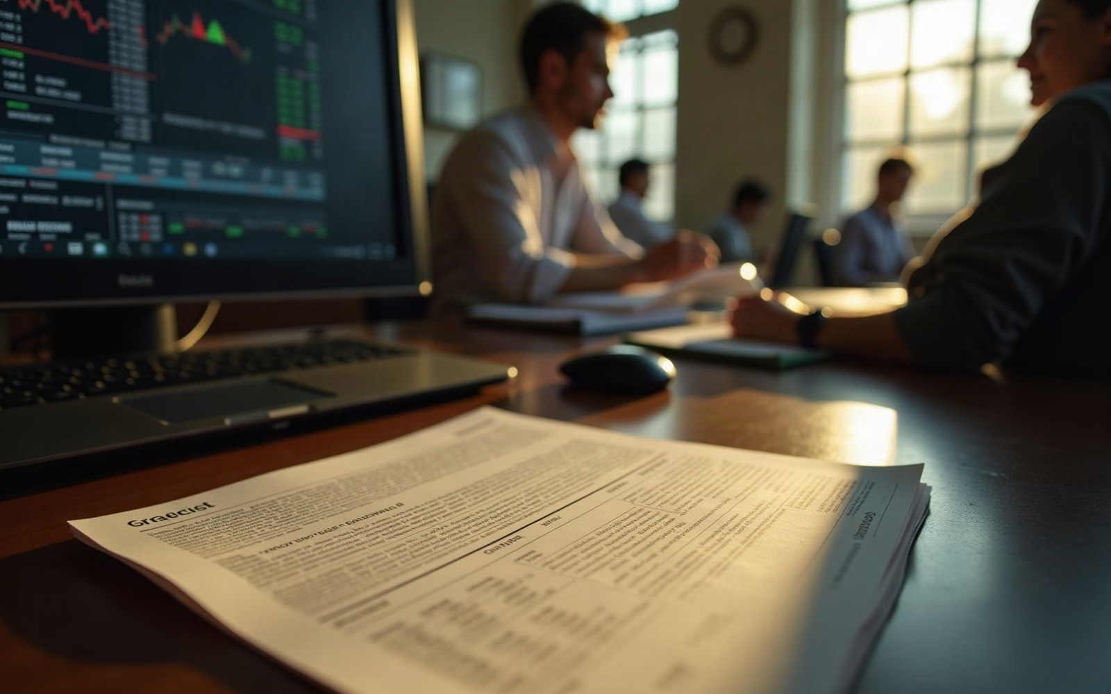 A printed prospectus cover on a trading desk beside two lit screens, morning light