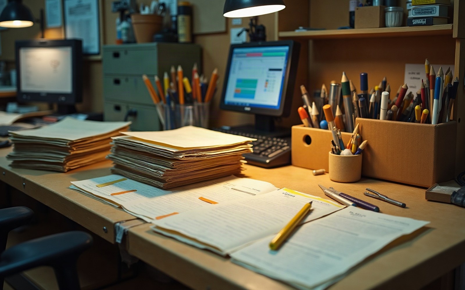 A workbench with a rough prototype half assembled, cardboard and tape, tools around it