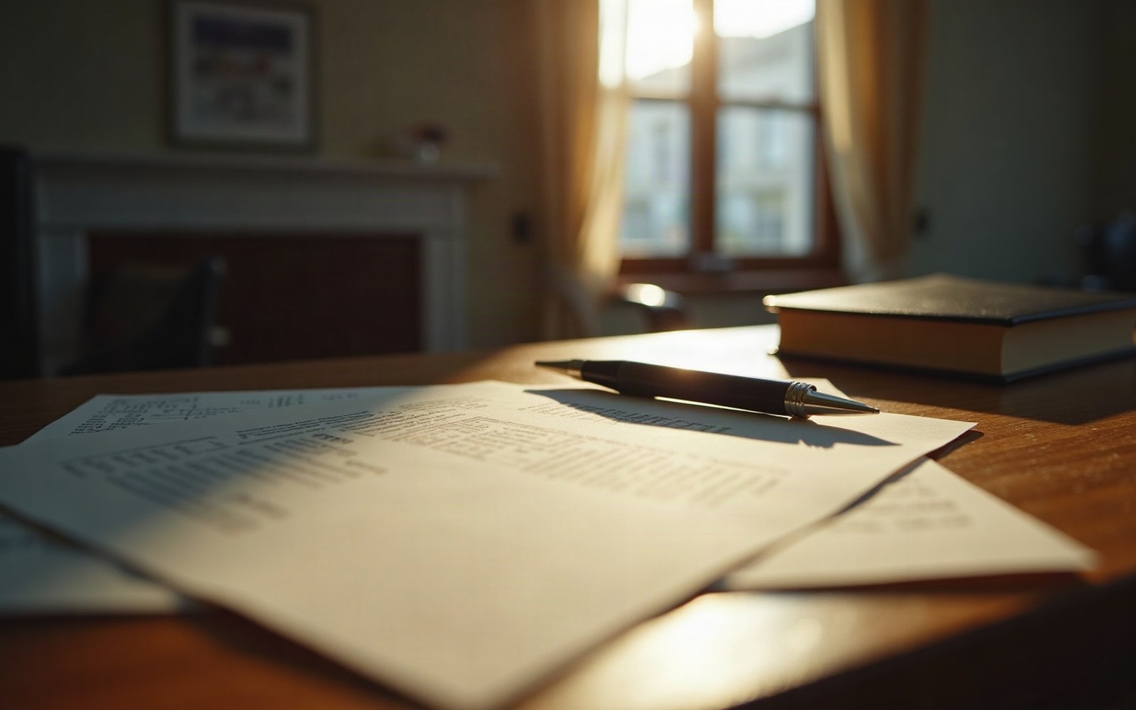 A single printed agreement on a desk, corner turned, fountain pen across it, cold window light