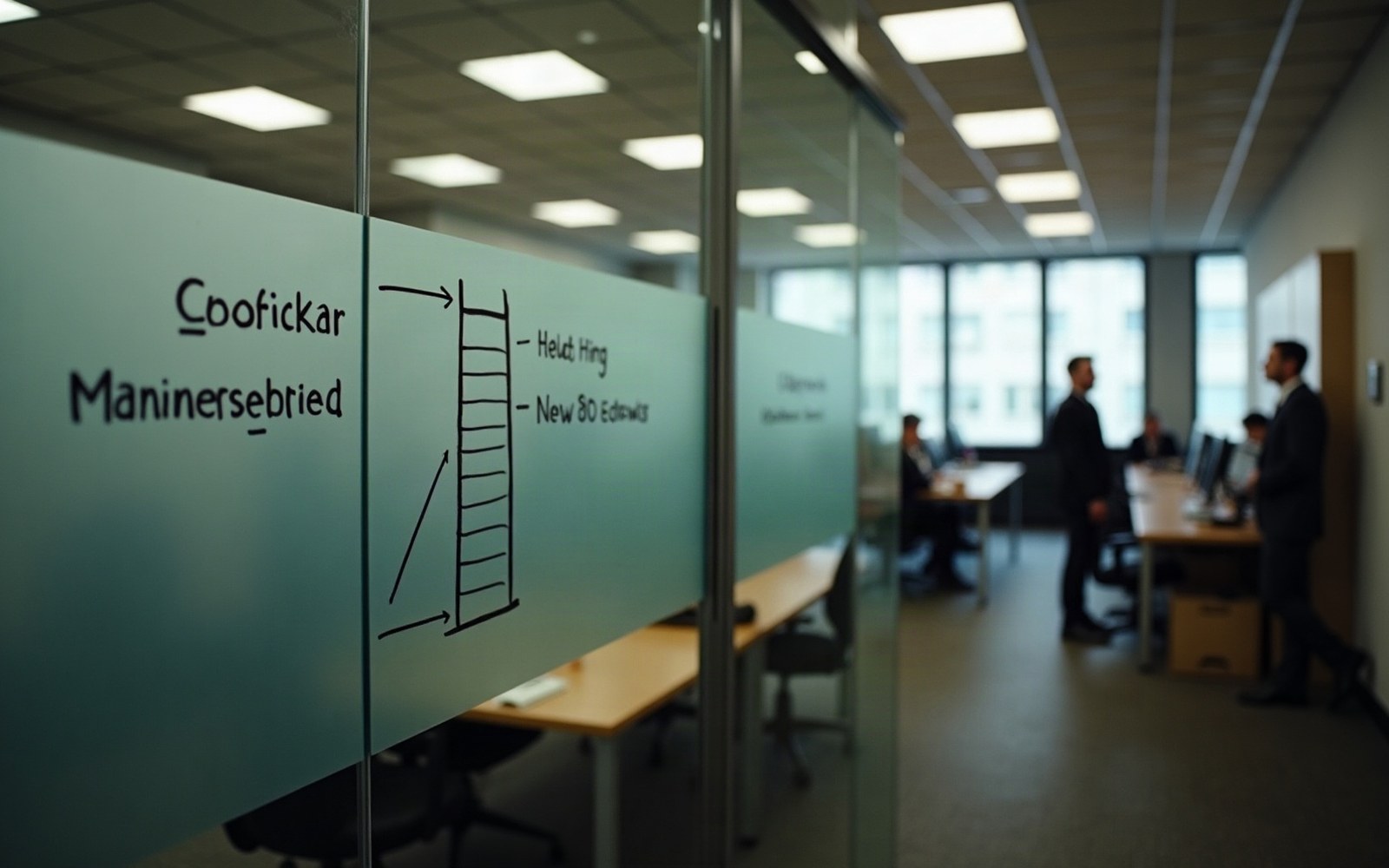 A glass wall in an office written on with marker, a ladder of horizontal rungs drawn in a rising line, room out of focus behind it