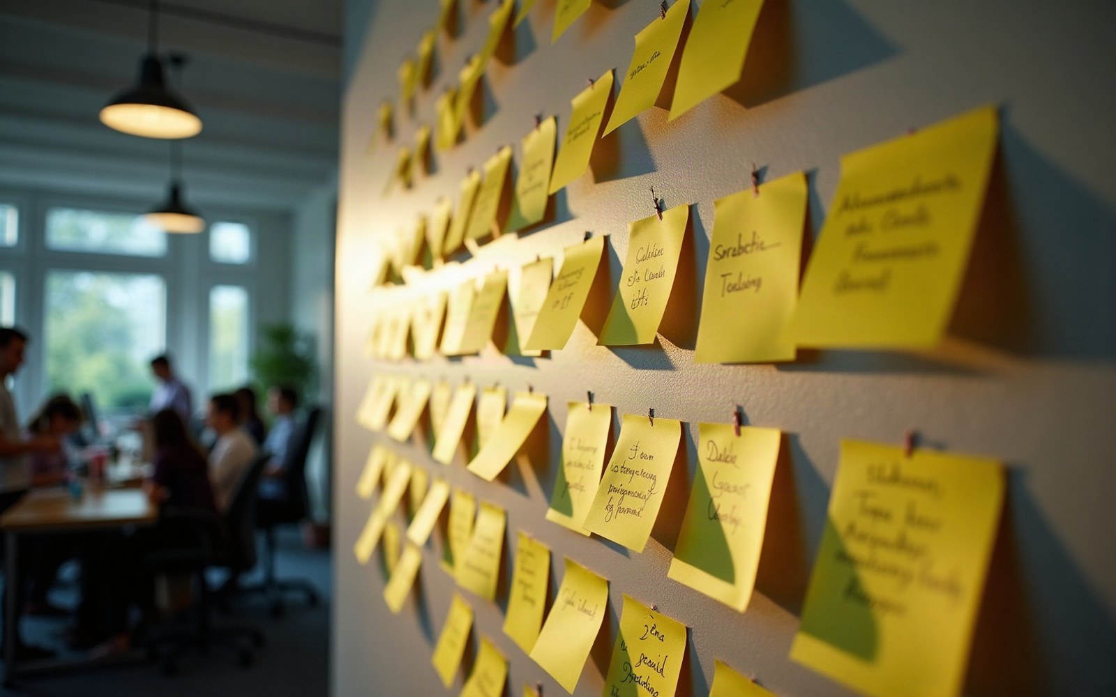 An office wall of sticky notes rearranged into two columns, one side cleared, afternoon light