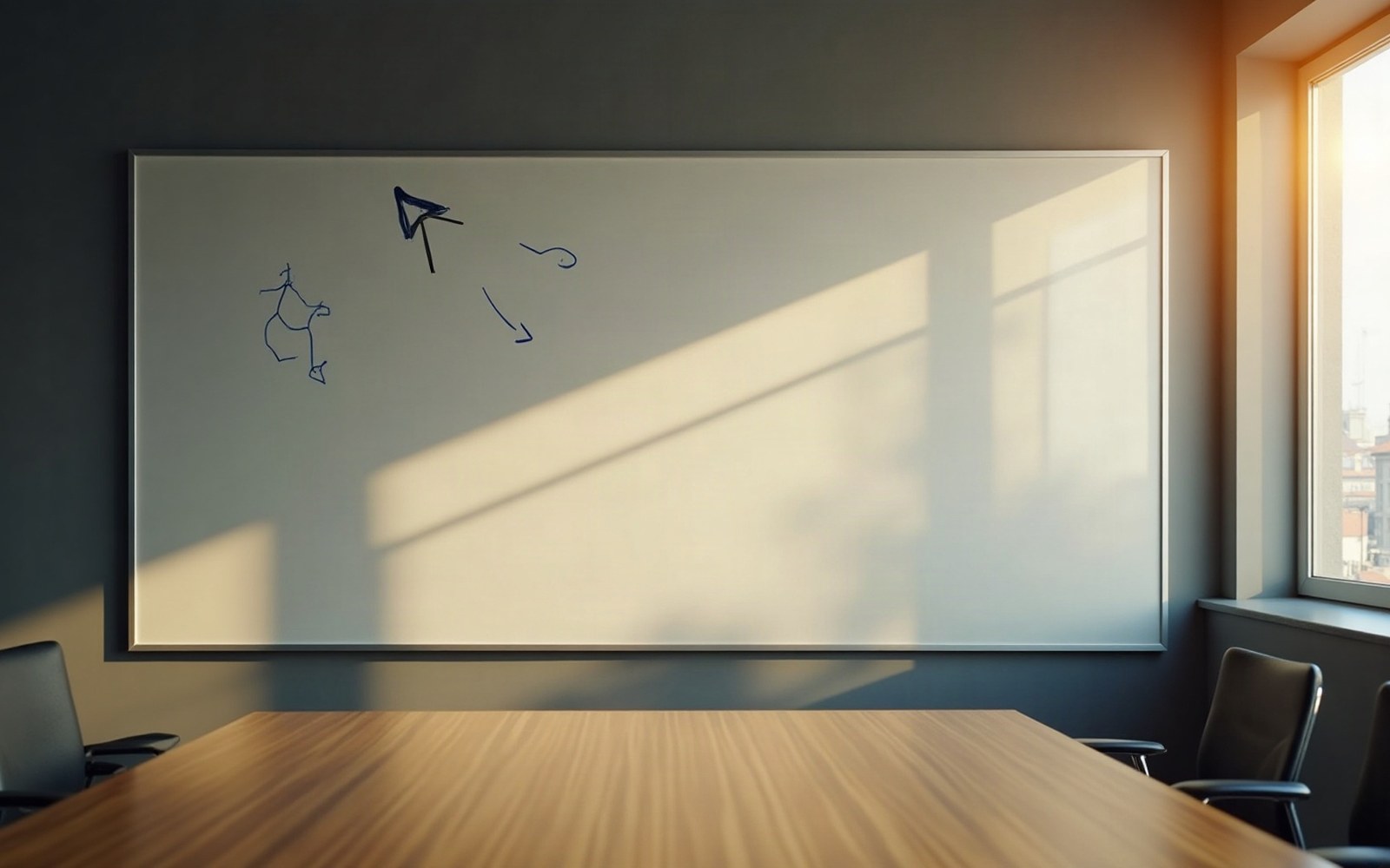 A whiteboard in an empty meeting room, one arrow drawn turning sharply away from another, marker tray, morning light