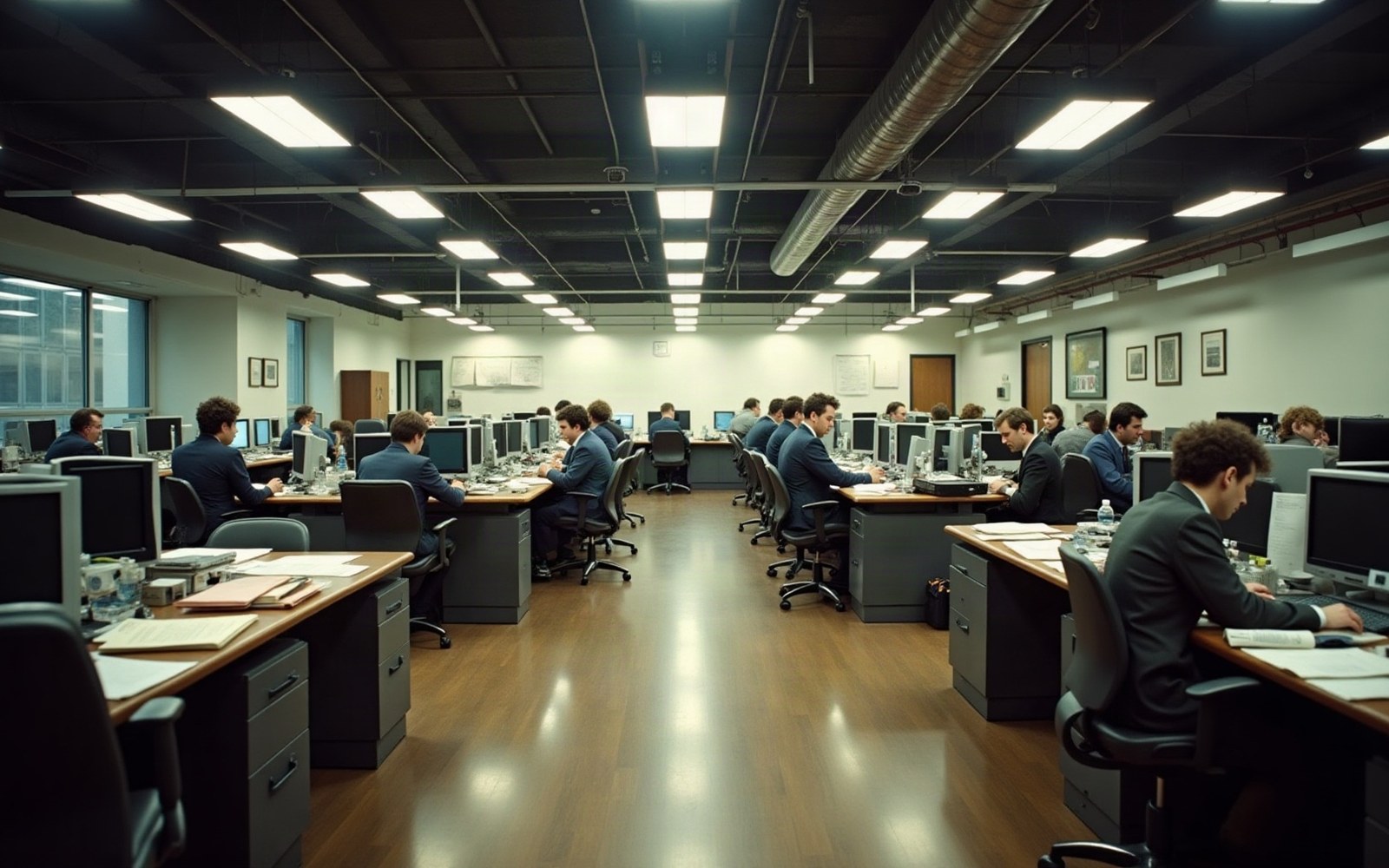 An empty open-plan office floor with desks pushed together and chairs stacked, roof lights on
